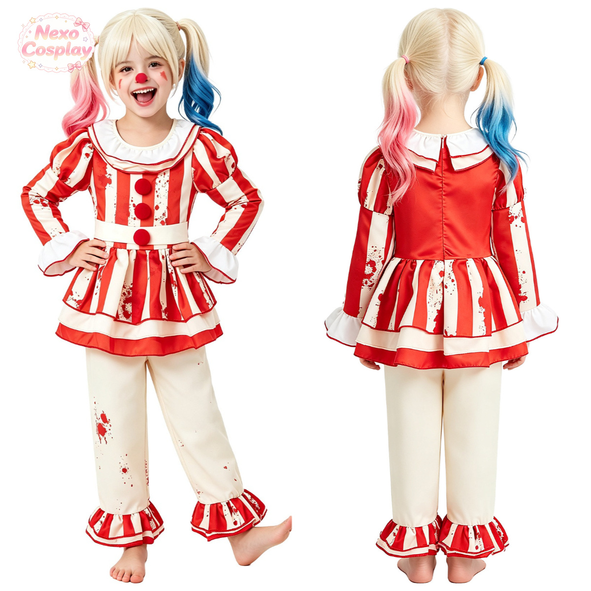 Kids Cosplay Anime - Fantasia de Palhaço de Terror Listrado